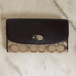 Coach Brown Signature Canvas Wallet with Dark Brown Leather Trim